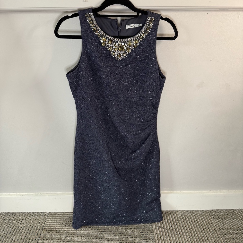 Eliza J Navy Blue Sleeveless Dress with Embellished Neckline and Sparkle